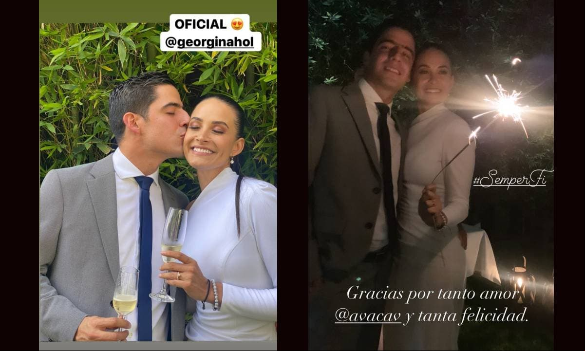 Gina Holguín dejó ver su vestido de novia mientras posaba junto a su esposo