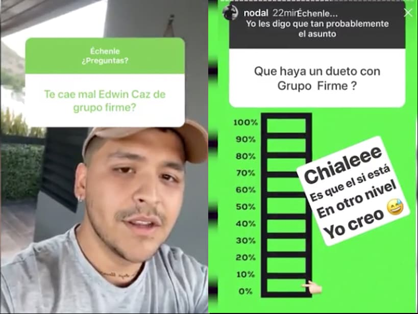 Posteriormente, otro seguidor le preguntó si le caía mal Eduin Caz, de dicha agrupación, a lo que Nodal señaló que no lo conoce y que no le agrada su música.