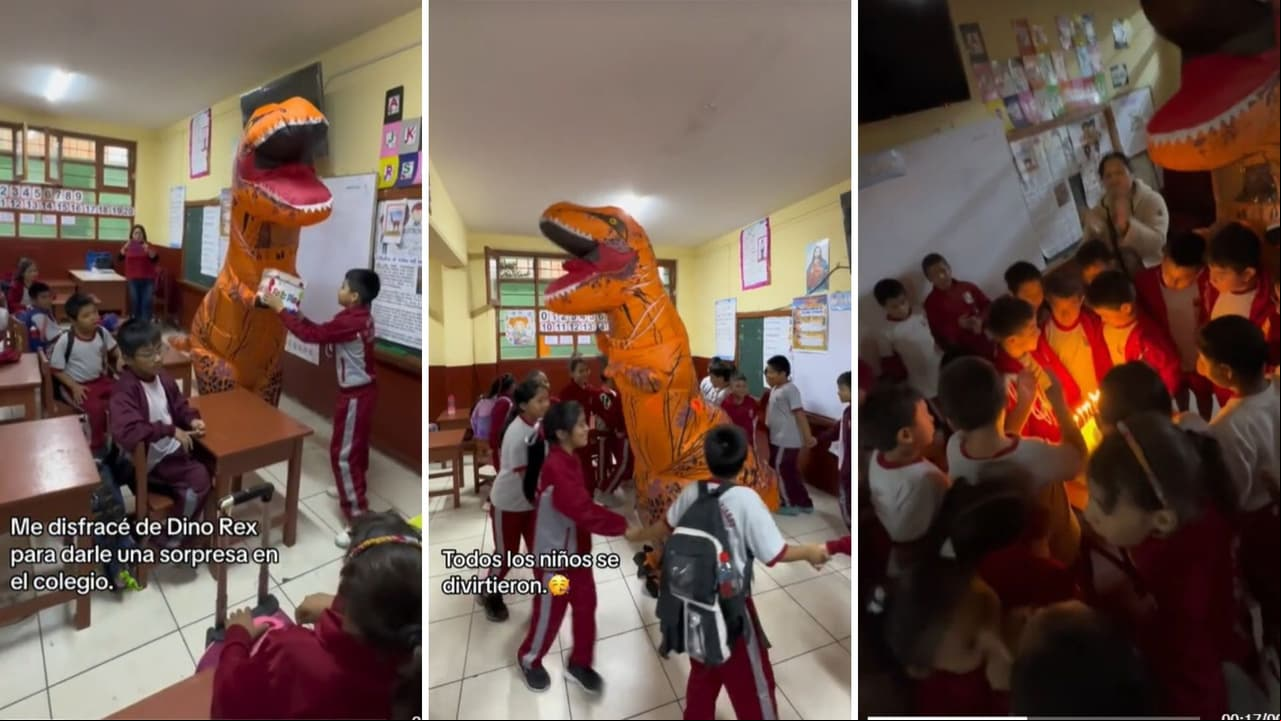 Mamá se viste de dinosaurio para fiesta de hijo