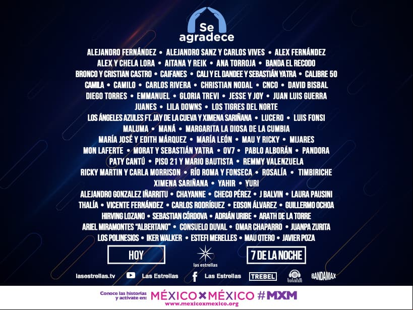 Con el fin de realizar un merecido homenaje a los héroes de esta pandemia, Televisa reunirá a grandes celebridades del mundo de la música este sábado 30 de mayo en el concierto ‘Se agradece’. A continuación te compartimos algunas de las colaboraciones musicales que podrás disfrutar a través de la transmisión por 
<b>lasestrellas-tv.futbolgratis.org </b>y en las cuentas oficiales de Las Estrellas en YouTube y Facebook, así como en Telehit, Bandamax y 
<b>TREBEL.</b>
