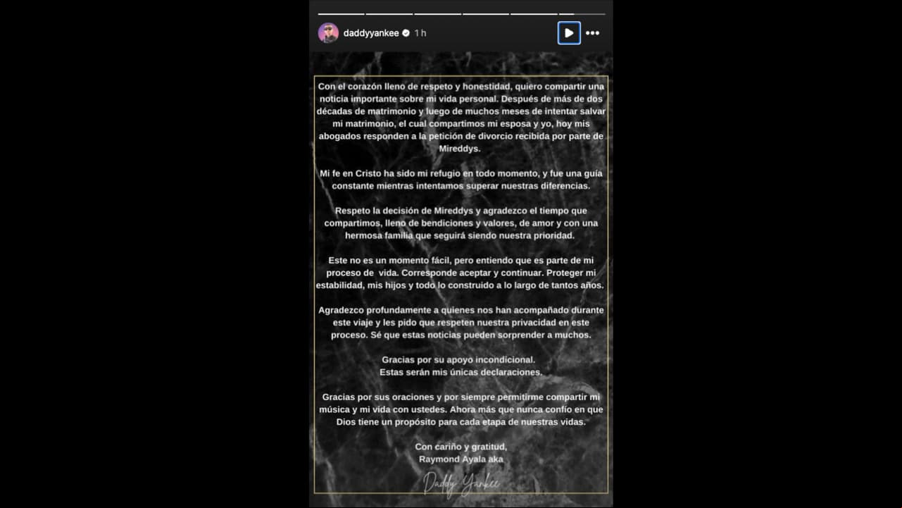 Daddy Yankee confirma su divorcio a través de un comunicado en sus redes sociales