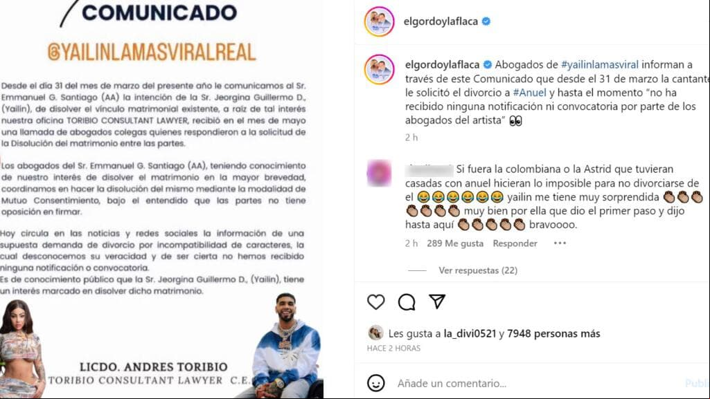 Este es el comunicado que emitió el abogado de Yailin en donde detalla el proceso de divorcio de Anuel que ha emprendido la cantante.