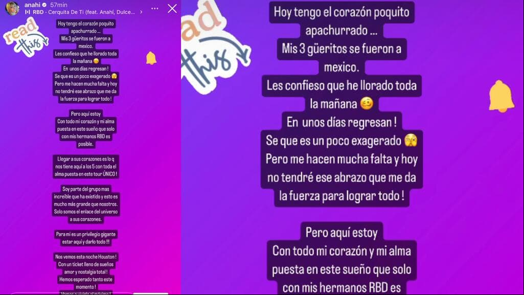 Anahí expresó su dolor al separarse de sus dos hijos tras el arranque de la gira de RBD.